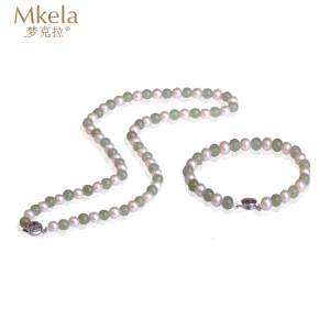 梦克拉 Mkela 925银和田玉珍珠套装项链手链 韵味 和田玉碧玉珍珠链 首饰套装 珍珠 送长辈 淡水珍珠 近圆 珍珠和田玉套装