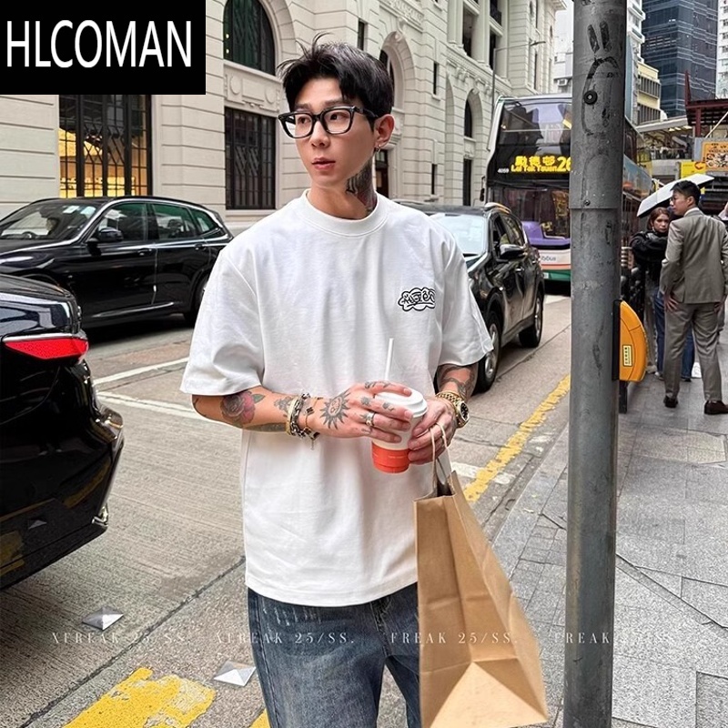 HLCOMAN320g卡通字母刺绣灰色双面针织短袖T恤男夏季美式五分袖
