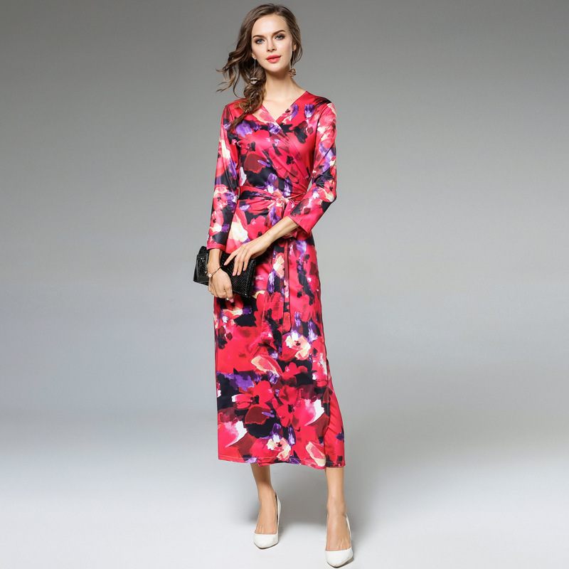 珂依舍2018春夏装新款现货复古V领印花裹身裙包身裙春秋打底淑女度假连衣裙