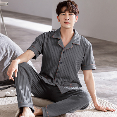 夏季男士睡衣棉质翻领开衫短袖长裤套装休闲宽松青少年家居服大码