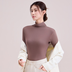 长袖T恤女秋冬季新款纯色修身上衣堆堆高领磨毛打底衫女内搭