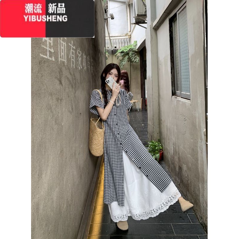 YIBUSHENG撞色格子衬衫连衣裙女季新款叠穿复古文艺松弛感小众别致长裙潮