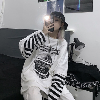 秋季新款宽松假两件条纹长袖T恤女chic港味学生上衣女装