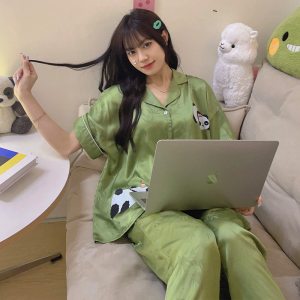 睡衣女夏季冰丝短袖短裤薄款2026条纹卡通印花宽松大码可外穿家居