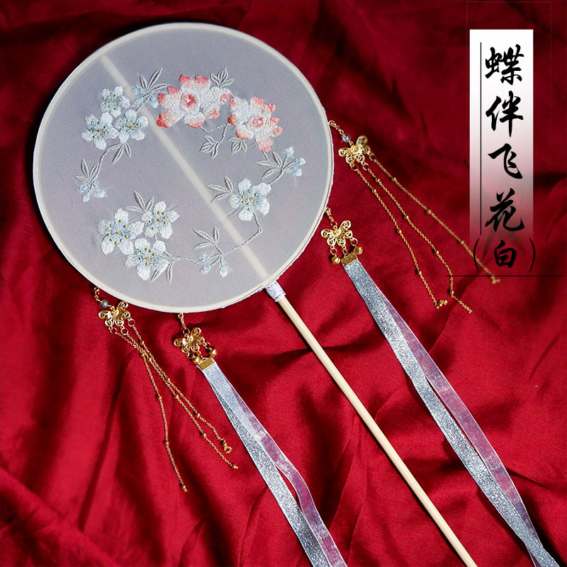 手工古风扇子跳舞蹈 长柄刺绣花团扇中国风汉服成品流苏宫扇 三维工匠 风与莲短柄总长约35cm