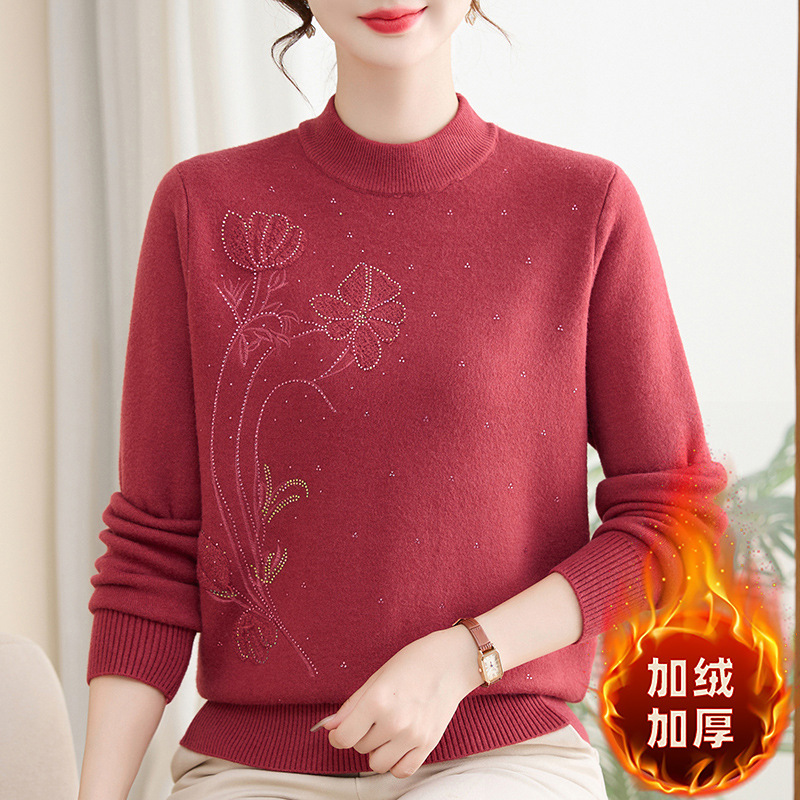 新款冬装针织衫妈妈上衣加绒加厚中老年人保暖小衫40-60岁中年装