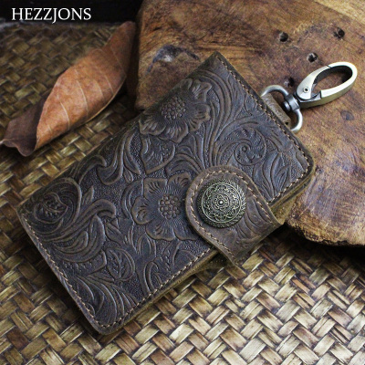 赫泽琼斯HEZZJONS原创手工牛皮真皮汽车钥匙包女复古大容量多功能腰挂钥匙扣潮男零钱卡包