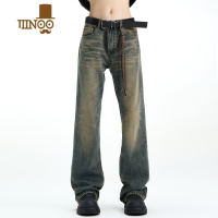 YANXU欧美高街vibe裤子直筒微喇cleanfit牛仔裤男美式街头长裤