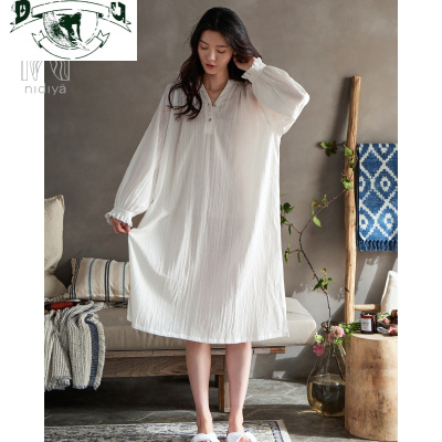 HLCOMAN妮狄娅睡衣睡裙女春秋梭织棉长袖条纹简约套头秋公主私房家居服睡裙