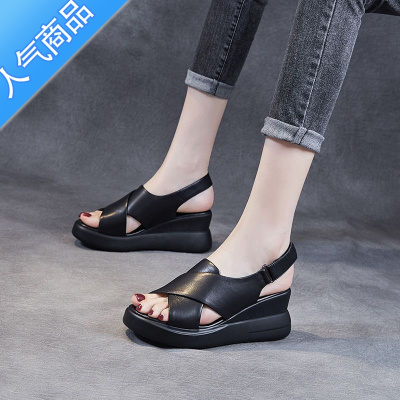 SUNTEK2023年春夏季新款软皮坡跟凉鞋女厚底增高松糕底中跟防滑鱼嘴鞋女