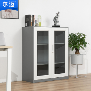 尔迈 文件柜拆装薄边办公柜钢制铁皮柜资料柜档案柜室内储物柜 灰白套色1090高对开矮柜玻璃门