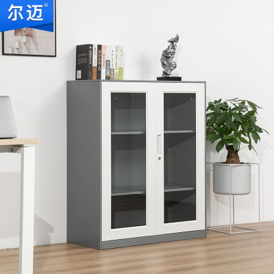 尔迈 文件柜拆装薄边办公柜钢制铁皮柜资料柜档案柜室内储物柜 灰白套色1090高对开矮柜玻璃门