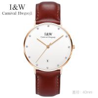 嘉年华CARNIVAL石英表 女表休闲时尚手表纤薄女士手表镶钻刻度防水表手表皮革女大表盘I&W 8757G-3钻皮带
