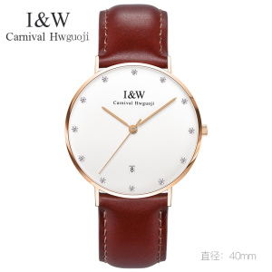 嘉年华CARNIVAL石英表 女表休闲时尚手表纤薄女士手表镶钻刻度防水表手表皮革女大表盘I&W 8757G-3钻皮带