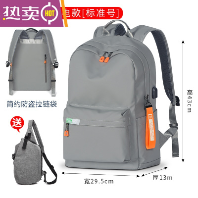NEWLAKE双肩包2021新款时尚初中学生书包男士休闲旅游电脑背包潮旅行包包灰色-简约防盗充电版[标准号-+170
