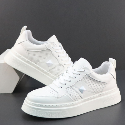 小白鞋男夏季镂空透气新款运动休闲鞋子真皮轻便高端潮流板鞋