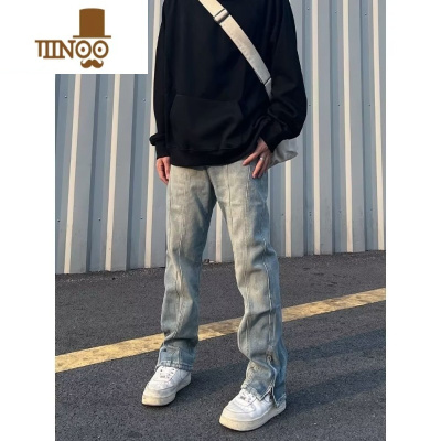 YANXU欧美vibe风小众设计感牛仔裤男女宽松直筒ins潮高街裤脚开叉长裤