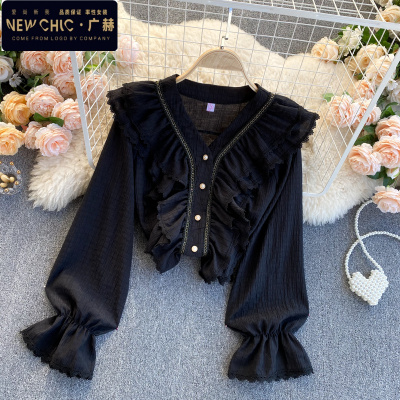 广赫雪纺长袖衬衫女设计感小众蕾丝花边荷叶边修身百搭气质V领上衣潮衬衫