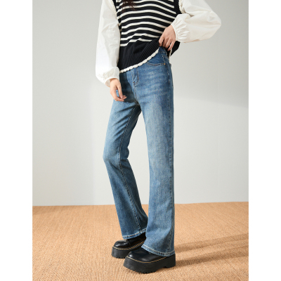 [3件8.5折127.4元,叠加优惠券]唐狮秋季新款高腰牛仔裤女显瘦微喇叭裤修身复古水洗时尚裤子女