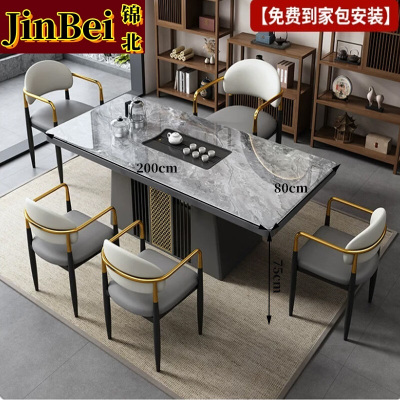 锦北茶桌椅组合现代简约岩板茶台烧水壶2.0米单桌+5轻奢椅