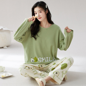 带胸垫纯棉睡衣女士秋冬季全棉长袖大码卡通可爱可外穿家居服套装