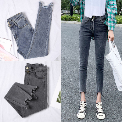 春夏新款修身高腰显瘦牛仔裤女韩版学生bf百搭紧身九分小脚裤轻奢世家