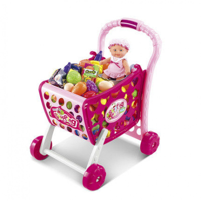 儿童超市购物车手推车仿真收银机过家家玩具套装女孩男孩生日无功能粉色版