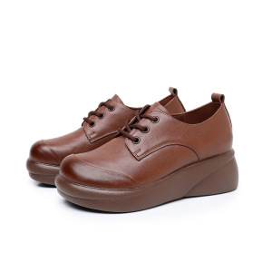 单鞋女春秋新款坡跟系带英伦圆头厚底女鞋真皮秋季百搭小皮鞋