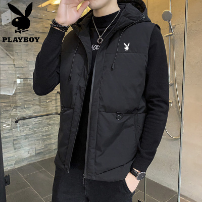 精品特卖-花花公子PLAYBOY羽绒棉马甲外套男连帽韩版休闲背心马夹男坎肩外穿潮