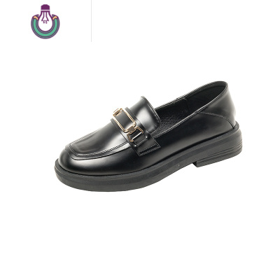 FISHBASKET黑色小皮鞋女英伦风软皮韩版百搭乐福鞋女厚底粗跟单鞋女平底休闲鞋