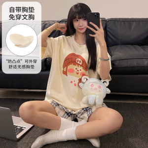 带胸垫夏季仿棉短袖睡衣女韩版卡通休闲宽松甜美家居服套装可外穿