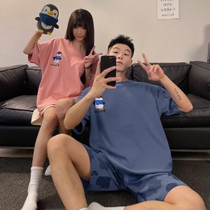 情侣秋冬季卡通套头睡衣短袖短裤女宽松休闲男士家居服可外穿套装