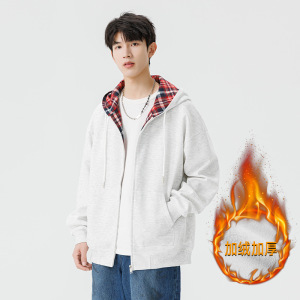 秋冬加绒加厚格子连帽卫衣男复古保暖摇粒绒拉链开衫外套潮牌男装