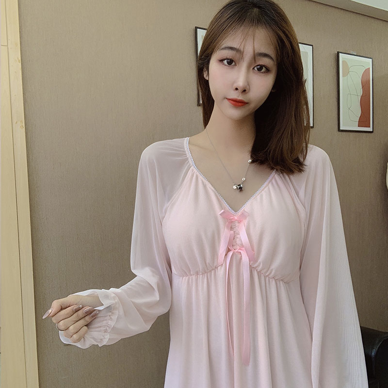 yunwuxin很仙的睡裙女春夏季冰丝长袖薄款带胸垫宫廷风睡衣秋冬棉家居