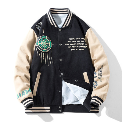 男装春秋季棒球服韩版潮牌印花开衫棒球衫排扣立领外套男