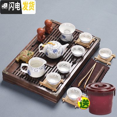 三维工匠紫砂陶瓷功夫茶具套装家用茶杯简约办公实木小茶盘抽屉式茶台整套 玲珑茶具+小兰香[橡木色] 20件