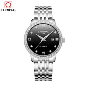 瑞士嘉年华Carnival正品全自动机械表 女士日历手表镶水钻纤薄防水简约时尚款女表休闲大表盘8676L