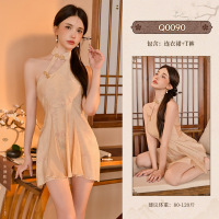 九里晴川古风情趣内衣新中式A字裙女印花旗袍性感裸背古风制睡衣 九里晴川Q0090[古典旗袍裙-黄] 均码