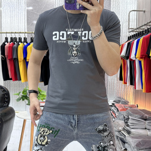 夏季新款欧货字母印花烫钻圆领短袖修身潮流帅气男装半袖T恤