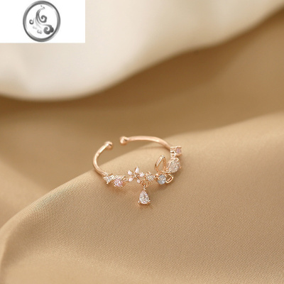 JiMis925银花环花朵不掉色戒指女轻奢时尚小清新个性开口可调节食戒指