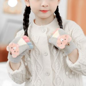 儿童手套女韩版触屏骑行车学生可爱半指针织加绒厚保暖兔子熊冬季