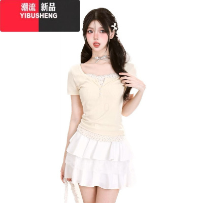 YIBUSHENG美式纯欲新款碎花假两件季辣妹上衣女短袖修身显瘦别致小众T恤