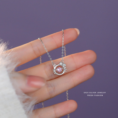 s925纯银蝴蝶结粉钻猫咪项链女轻奢灵动项链小众设计感ins少女心送女朋友老婆情人节七夕生日礼物