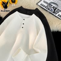 花花公子亨利领长袖t恤男士半纽扣肌理感白色宽松打底衫男款春季