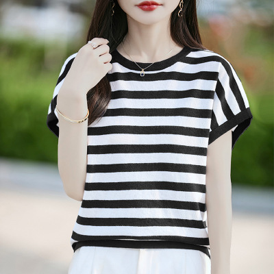 夏季新款时尚女装针织短袖圆领条纹T恤宽松套头撞色上衣外套