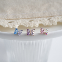 韩国直送精致马卡龙拼色蝴蝶水晶钛钢针耳骨钉螺丝旋转拧堵送女朋友老婆情人节七夕生日礼物