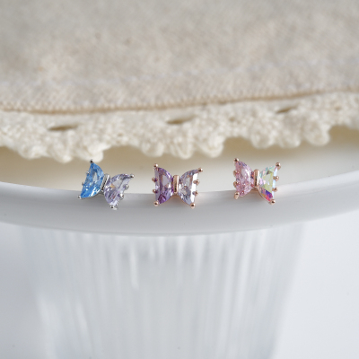韩国直送精致马卡龙拼色蝴蝶水晶钛钢针耳骨钉螺丝旋转拧堵送女朋友老婆情人节七夕生日礼物
