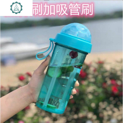 抖音网红塑料双吸管水杯女学生韩版少女心可爱杯子便携创意双饮杯封后淡蓝色600送杯刷送吸管刷