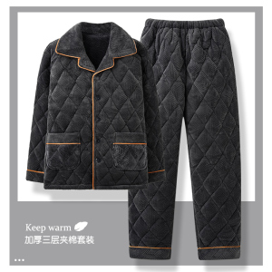 三层夹棉睡衣男款冬季加绒加厚珊瑚绒家居服秋冬季套装大码可外穿