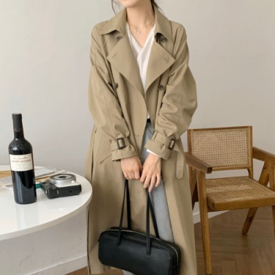 FISHBASKET风衣女中长款秋季新款韩版时尚减龄西装领宽松系带收腰显瘦外套潮风衣女